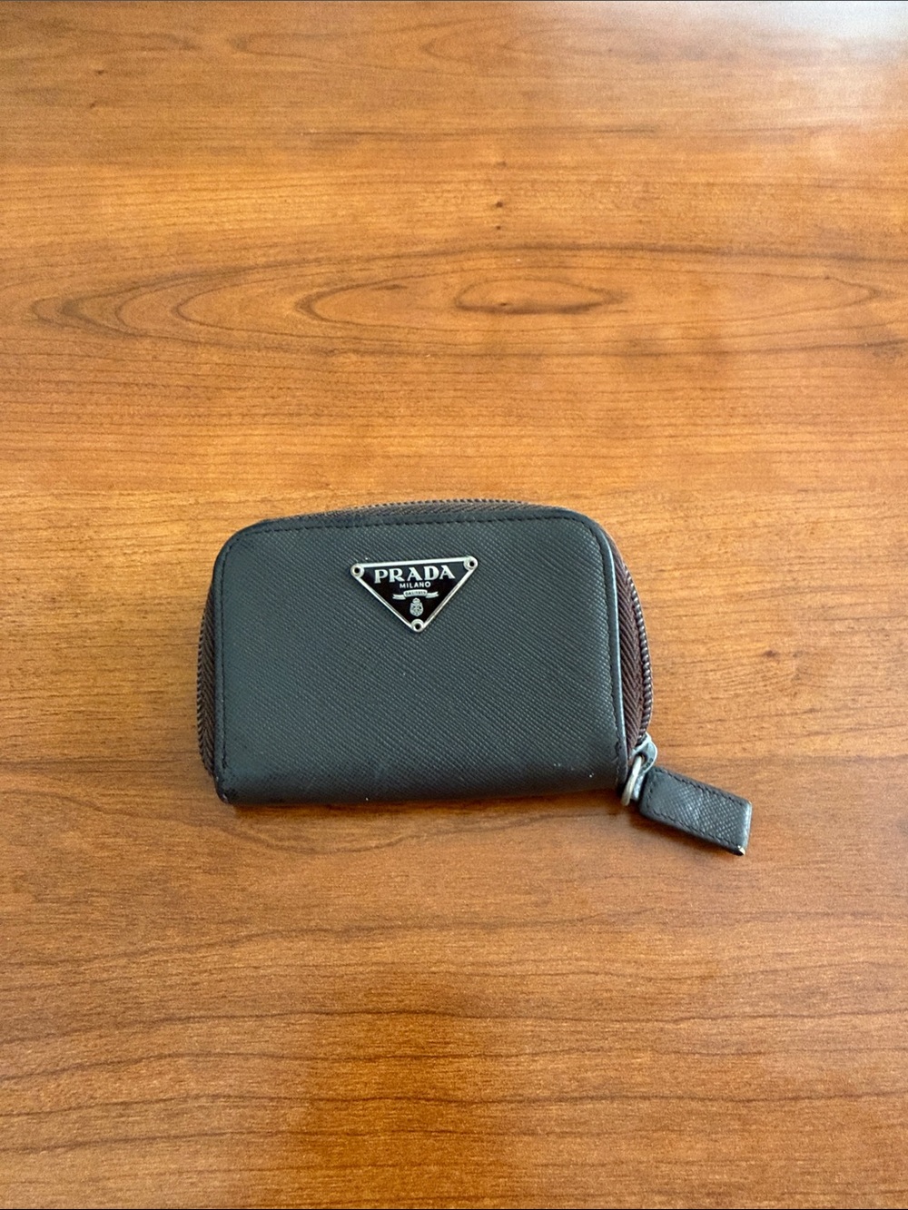 Prada Unisex Small Black Saffiano Zip Key and Card Holder with Metal Logo